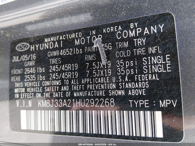 Продаж на аукціоні авто 2017 Hyundai Tucson Limited, vin: KM8J33A21HU292268, номер лоту: 44763048