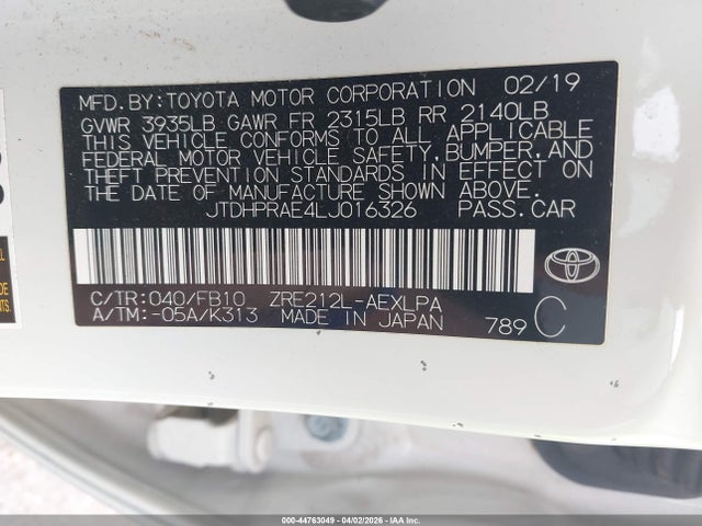 44763049 :رقم المزاد ، JTDHPRAE4LJ016326 vin ، 2020 Toyota Corolla Le مزاد بيع