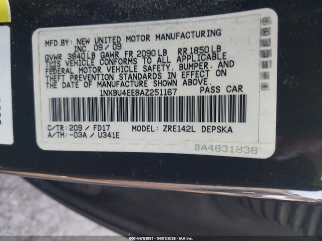 Aukcja sprzedaży 2010 Toyota Corolla S, vin: 1NXBU4EE8AZ251167, numer aukcji: 44763051