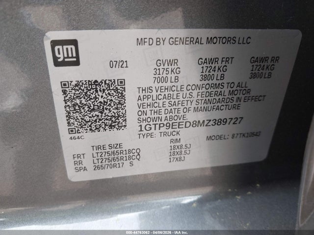 2021 Gmc Sierra 1500 4wd  Short Box At4 მანქანა იყიდება აუქციონზე, vin: 1GTP9EED8MZ389727, აუქციონის ნომერი: 44763062
