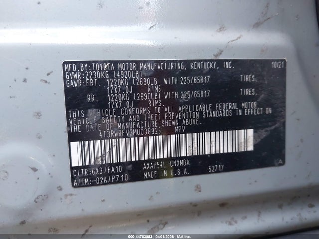 4T3RWRFV2MU038926 Toyota Rav4 Hybrid Xle