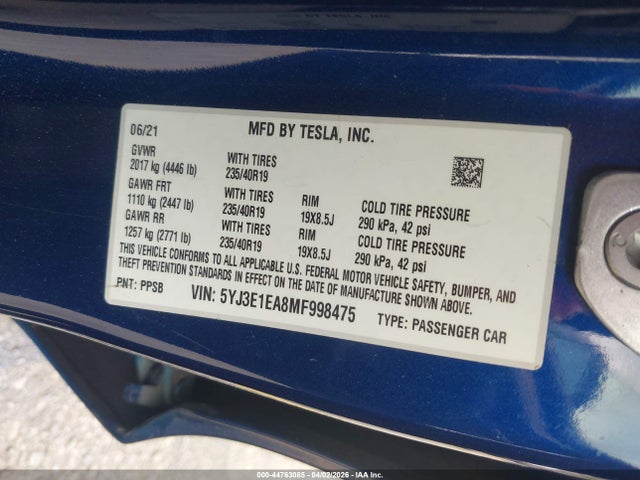 Продажа на аукционе авто 2021 Tesla Model 3 Standard Range Plus Rear-wheel Drive, vin: 5YJ3E1EA8MF998475, номер лота: 44763085