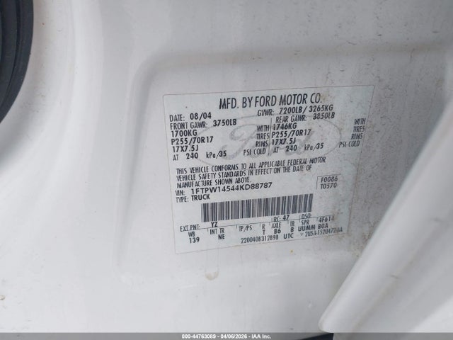 44763089 :رقم المزاد ، 1FTPW14544KD88787 vin ، 2004 Ford F-150 Fx4/lariat/xlt مزاد بيع