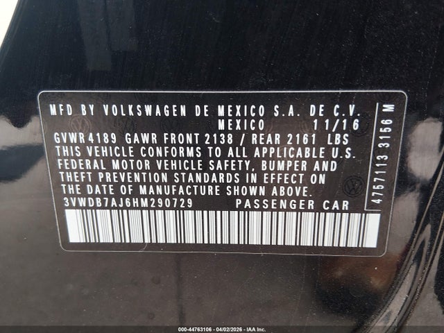 Aukcja sprzedaży 2017 Volkswagen Jetta 1.4t Se, vin: 3VWDB7AJ6HM290729, numer aukcji: 44763106