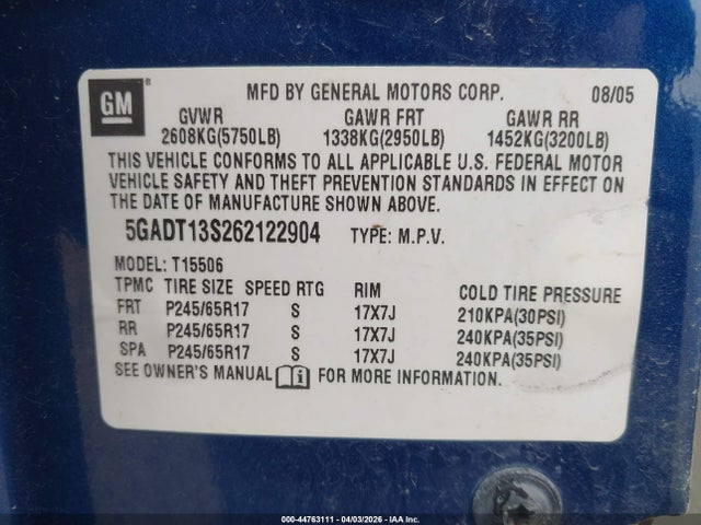 Продаж на аукціоні авто 2006 Buick Rainier Cxl, vin: 5GADT13S262122904, номер лоту: 44763111