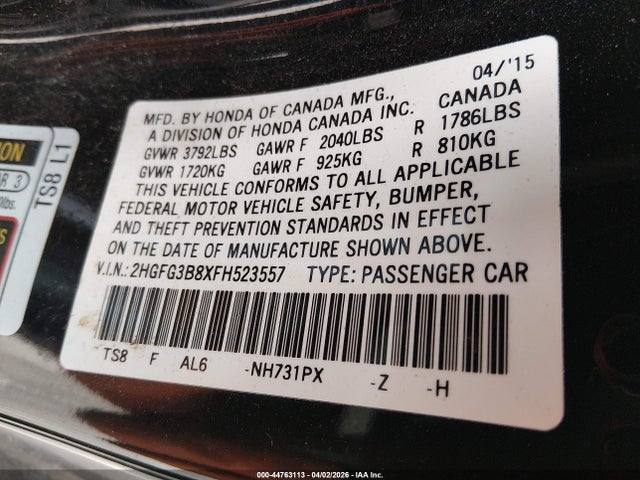 44763113 :رقم المزاد ، 2HGFG3B8XFH523557 vin ، 2015 Honda Civic Ex مزاد بيع