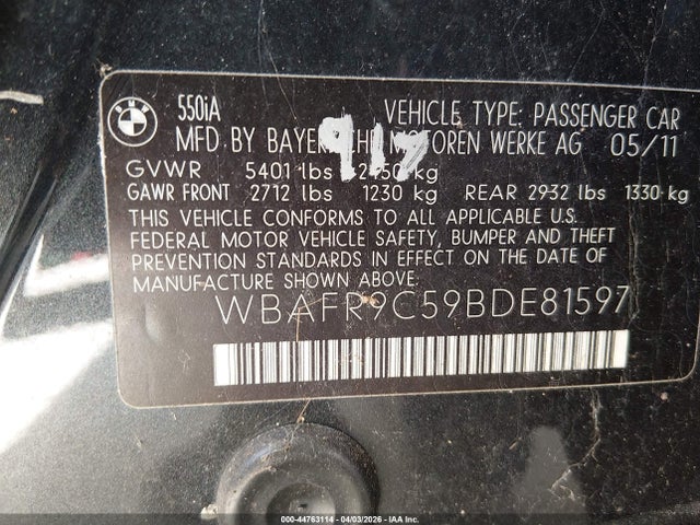 2011 BMW 550I WBAFR9C59BDE81597 Photo 8