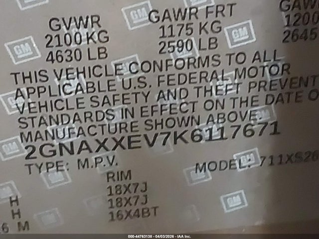 Продажа на аукционе авто 2019 Chevrolet Equinox Premier, vin: 2GNAXXEV7K6117671, номер лота: 44763138
