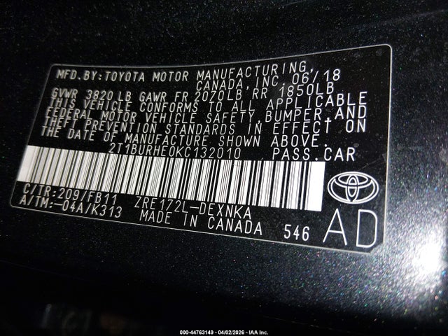 Aukcja sprzedaży 2019 Toyota Corolla Le, vin: 2T1BURHE0KC132010, numer aukcji: 44763149