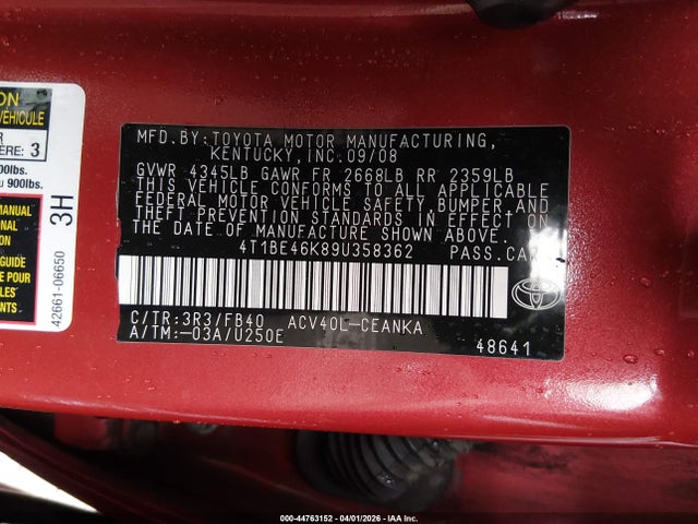 44763152 :رقم المزاد ، 4T1BE46K89U358362 vin ، 2009 Toyota Camry Le مزاد بيع