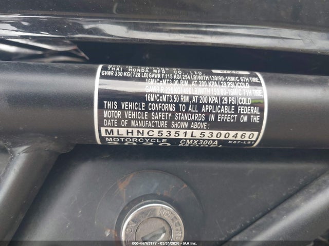 Aukcja sprzedaży 2020 Honda Cmx300 A, vin: MLHNC5351L5300460, numer aukcji: 44763177