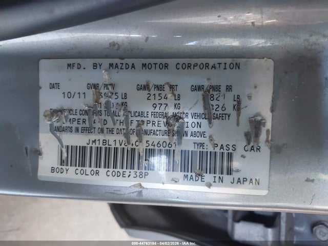 44763184 :رقم المزاد ، JM1BL1V84C1546061 vin ، 2012 Mazda Mazda3 I Touring مزاد بيع