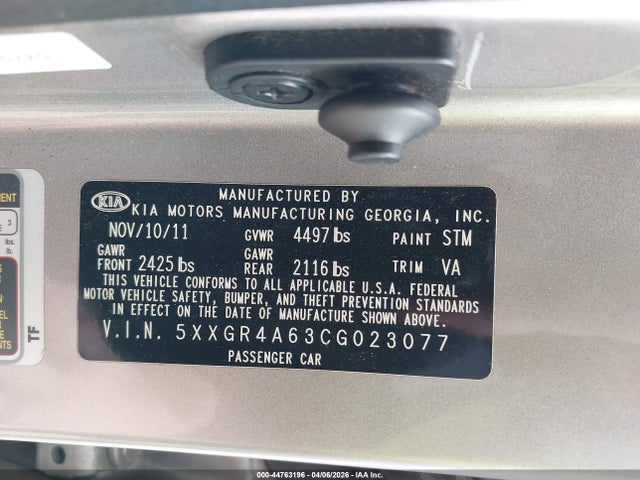 Aukcja sprzedaży 2012 Kia Optima Sx, vin: 5XXGR4A63CG023077, numer aukcji: 44763196