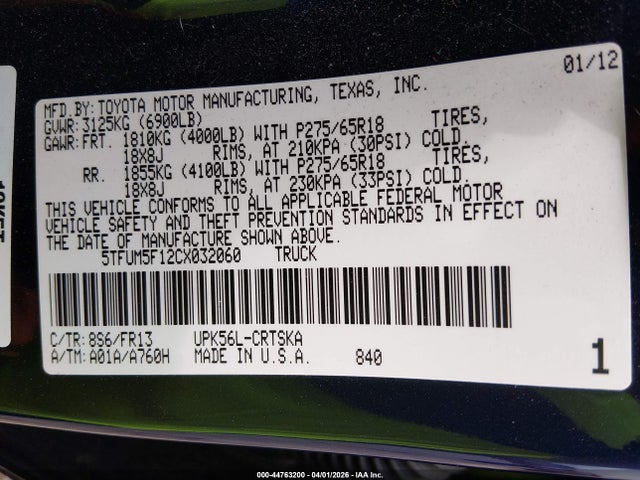 2012 Toyota Tundra Grade 4.6l V8 მანქანა იყიდება აუქციონზე, vin: 5TFUM5F12CX032060, აუქციონის ნომერი: 44763200
