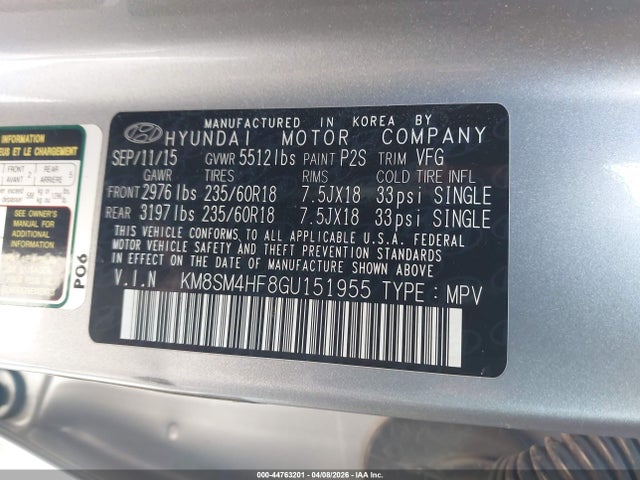 2016 Hyundai Santa Fe Se მანქანა იყიდება აუქციონზე, vin: KM8SM4HF8GU151955, აუქციონის ნომერი: 44763201