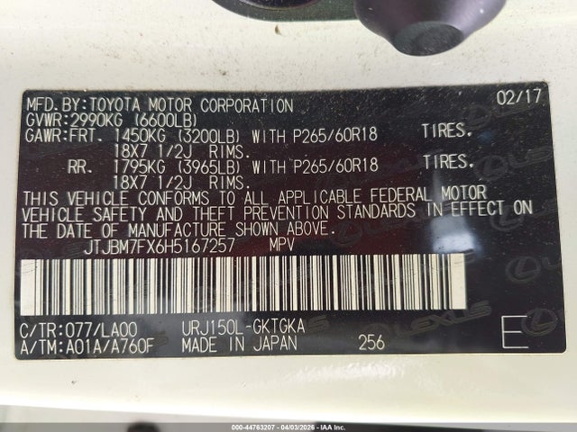 Продаж на аукціоні авто 2017 Lexus Gx 460, vin: JTJBM7FX6H5167257, номер лоту: 44763207