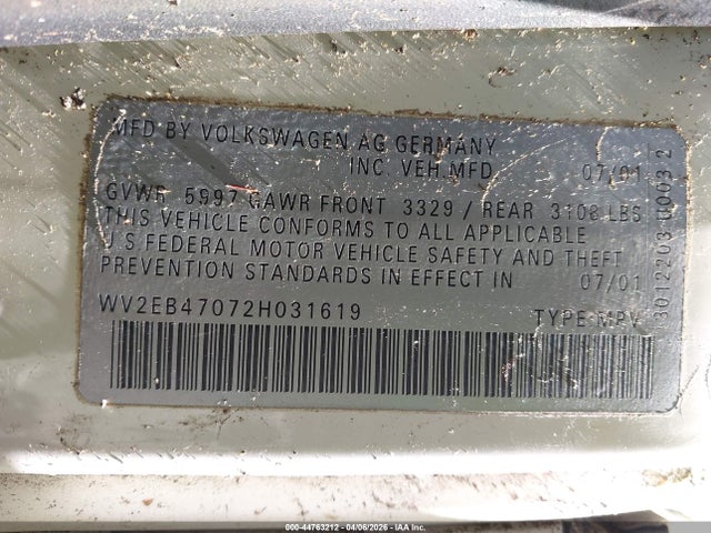 Aukcja sprzedaży 2002 Volkswagen Eurovan Mv, vin: WV2EB47072H031619, numer aukcji: 44763212