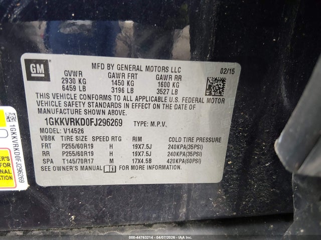 Aukcja sprzedaży 2015 Gmc Acadia Slt-1, vin: 1GKKVRKD0FJ296269, numer aukcji: 44763214