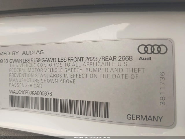 Aukcja sprzedaży 2019 Audi S5 3.0t Premium, vin: WAUC4CF50KA000676, numer aukcji: 44763230