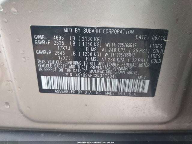 44763234 :رقم المزاد ، 4S4BSAFC3K3372844 vin ، 2019 Subaru Outback 2.5i Premium مزاد بيع