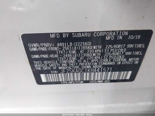 2019 Subaru Forester Premium მანქანა იყიდება აუქციონზე, vin: JF2SKAGC1KH441571, აუქციონის ნომერი: 44763245