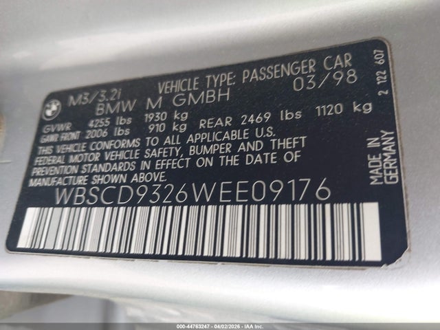 44763247 :رقم المزاد ، WBSCD9326WEE09176 vin ، 1998 Bmw M3 مزاد بيع