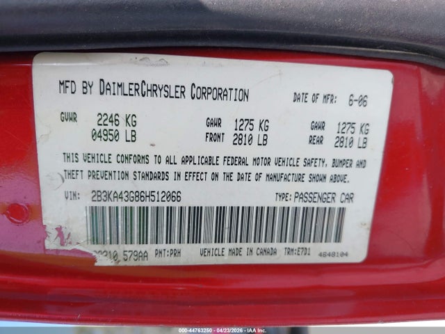 Продажа на аукционе авто 2006 Dodge Charger, vin: 2B3KA43G86H512066, номер лота: 44763250