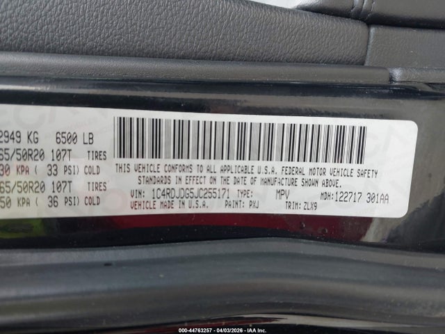 44763257 :رقم المزاد ، 1C4RDJDG5JC255171 vin ، 2018 Dodge Durango Gt Awd مزاد بيع