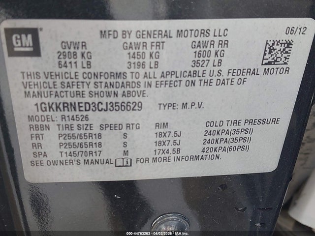 2012 Gmc Acadia Sl მანქანა იყიდება აუქციონზე, vin: 1GKKRNED3CJ356629, აუქციონის ნომერი: 44763263