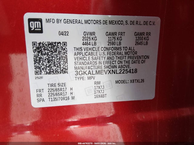 44763270 :رقم المزاد ، 3GKALMEVXNL225418 vin ، 2022 Gmc Terrain Fwd Sle مزاد بيع
