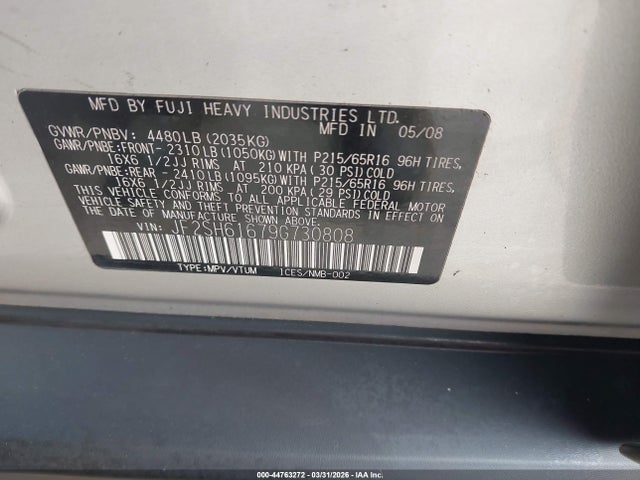 2009 Subaru Forester 2.5x მანქანა იყიდება აუქციონზე, vin: JF2SH61679G730808, აუქციონის ნომერი: 44763272