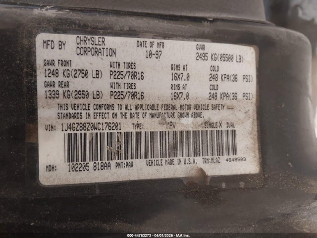 1998 Jeep Grand Cherokee Limited მანქანა იყიდება აუქციონზე, vin: 1J4GZ88Z0WC176201, აუქციონის ნომერი: 44763273