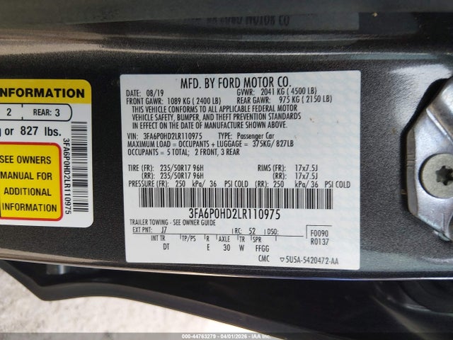 2020 Ford Fusion Se მანქანა იყიდება აუქციონზე, vin: 3FA6P0HD2LR110975, აუქციონის ნომერი: 44763279