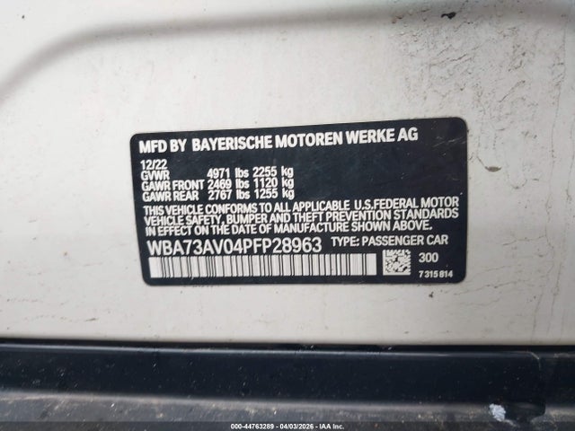 44763289 :رقم المزاد ، WBA73AV04PFP28963 vin ، 2023 Bmw 430i Gran Coupe Xdrive مزاد بيع