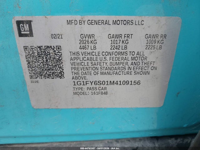 1G1FY6S01M4109156 Chevrolet Bolt Ev Fwd Lt