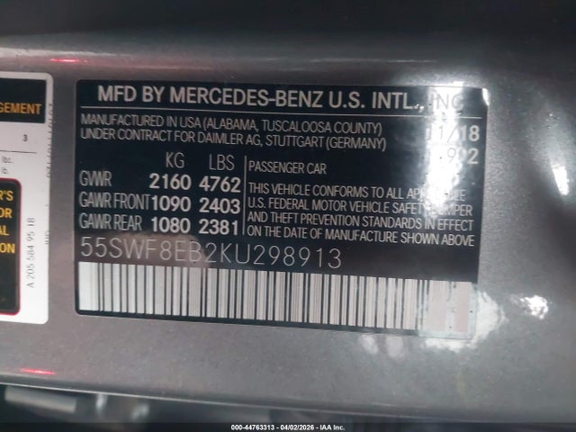 44763313 :رقم المزاد ، 55SWF8EB2KU298913 vin ، 2019 Mercedes-benz C 300 4matic مزاد بيع