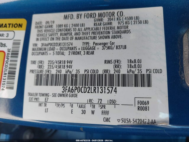 Ford FUSION SEL 2020 3FA6P0CD2LR131574 Image 9