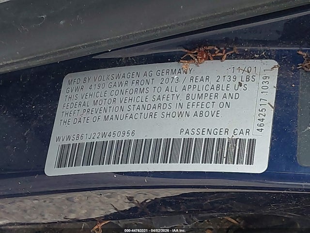 Aukcja sprzedaży 2002 Volkswagen Jetta Gls 2.0l, vin: WVWSB61J22W450956, numer aukcji: 44763321