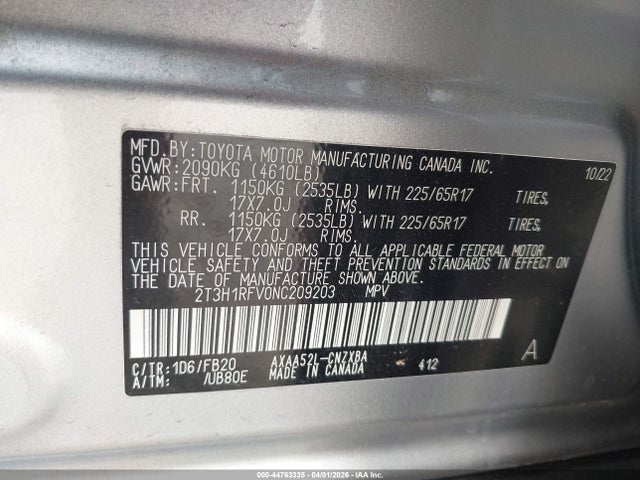 Aukcja sprzedaży 2022 Toyota Rav4 Le, vin: 2T3H1RFV0NC209203, numer aukcji: 44763335