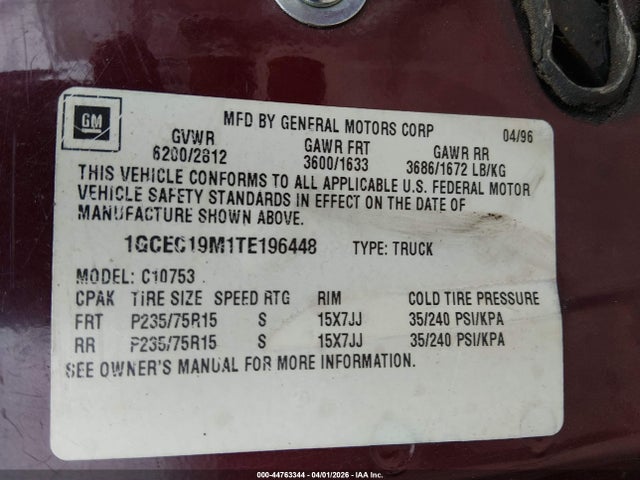 Продажа на аукционе авто 1996 Chevrolet Gmt-400 C1500, vin: 1GCEC19M1TE196448, номер лота: 44763344