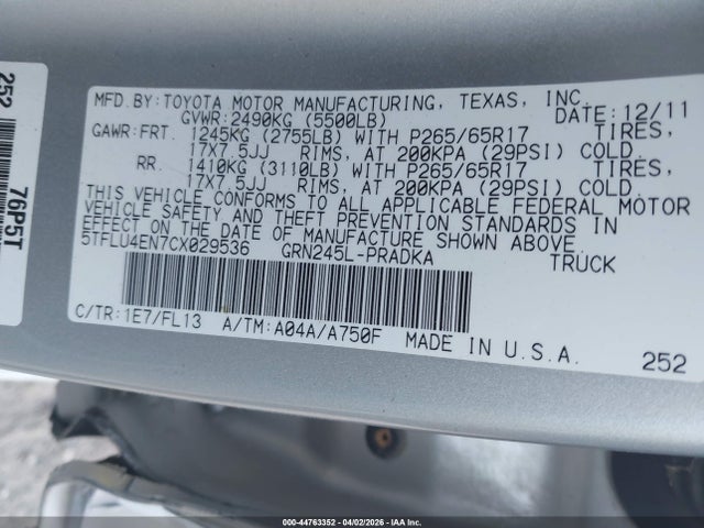Продаж на аукціоні авто 2012 Toyota Tacoma Base V6, vin: 5TFLU4EN7CX029536, номер лоту: 44763352