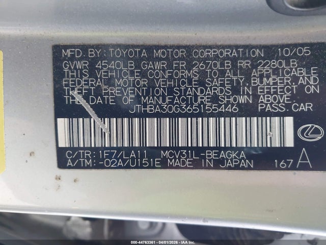 2006 Lexus Es 330 მანქანა იყიდება აუქციონზე, vin: JTHBA30G365155446, აუქციონის ნომერი: 44763361