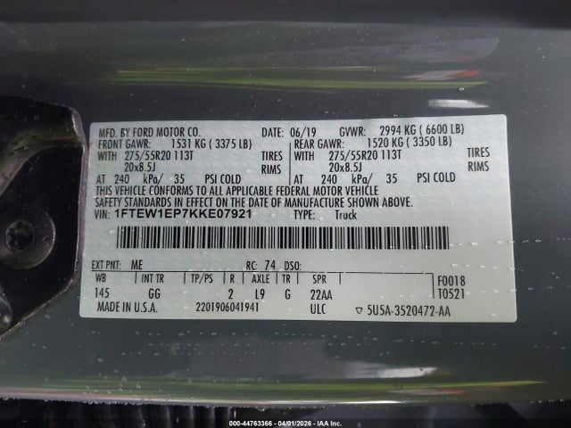 1FTEW1EP7KKE07921 Ford F-150 Xl