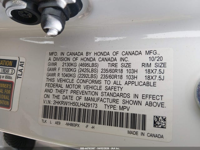 Продажа на аукционе авто 2020 Honda Cr-v 2wd Ex, vin: 2HKRW1H50LH429173, номер лота: 44763367