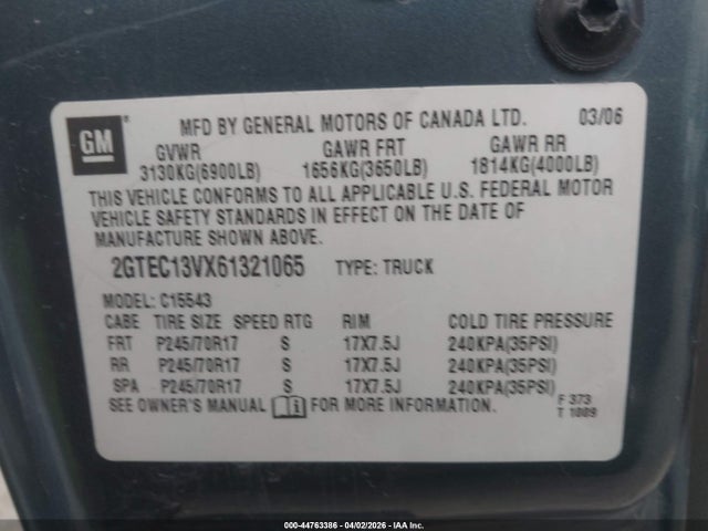 2006 Gmc Sierra 1500 Sl მანქანა იყიდება აუქციონზე, vin: 2GTEC13VX61321065, აუქციონის ნომერი: 44763386
