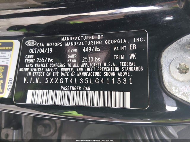 44763396 :رقم المزاد ، 5XXGT4L35LG411531 vin ، 2020 Kia Optima Lx مزاد بيع