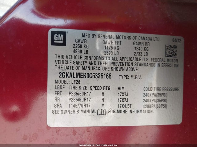 Продаж на аукціоні авто 2012 Gmc Terrain Sle-1, vin: 2GKALMEK0C6326166, номер лоту: 44763411