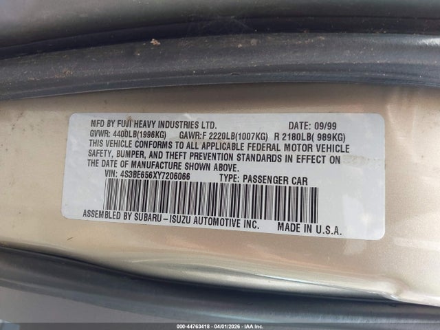 Продаж на аукціоні авто 2000 Subaru Legacy Gt Limited, vin: 4S3BE656XY7206066, номер лоту: 44763418