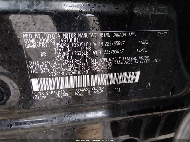 2025 Toyota Rav4 Le მანქანა იყიდება აუქციონზე, vin: 2T3K1RFV1SW410818, აუქციონის ნომერი: 44763451