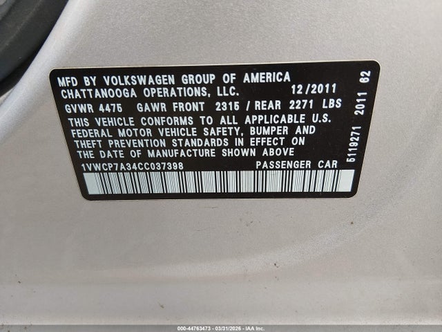 Продаж на аукціоні авто 2012 Volkswagen Passat 2.5l Sel, vin: 1VWCP7A34CC037398, номер лоту: 44763473